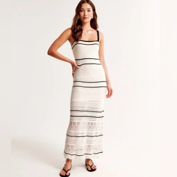 Abercrombie & Fitch Women's Cream Black Crochet Style Boho Maxi Dress - Picture 6 of 16